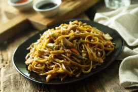 Homemade Asian chicken noodles with vegetables