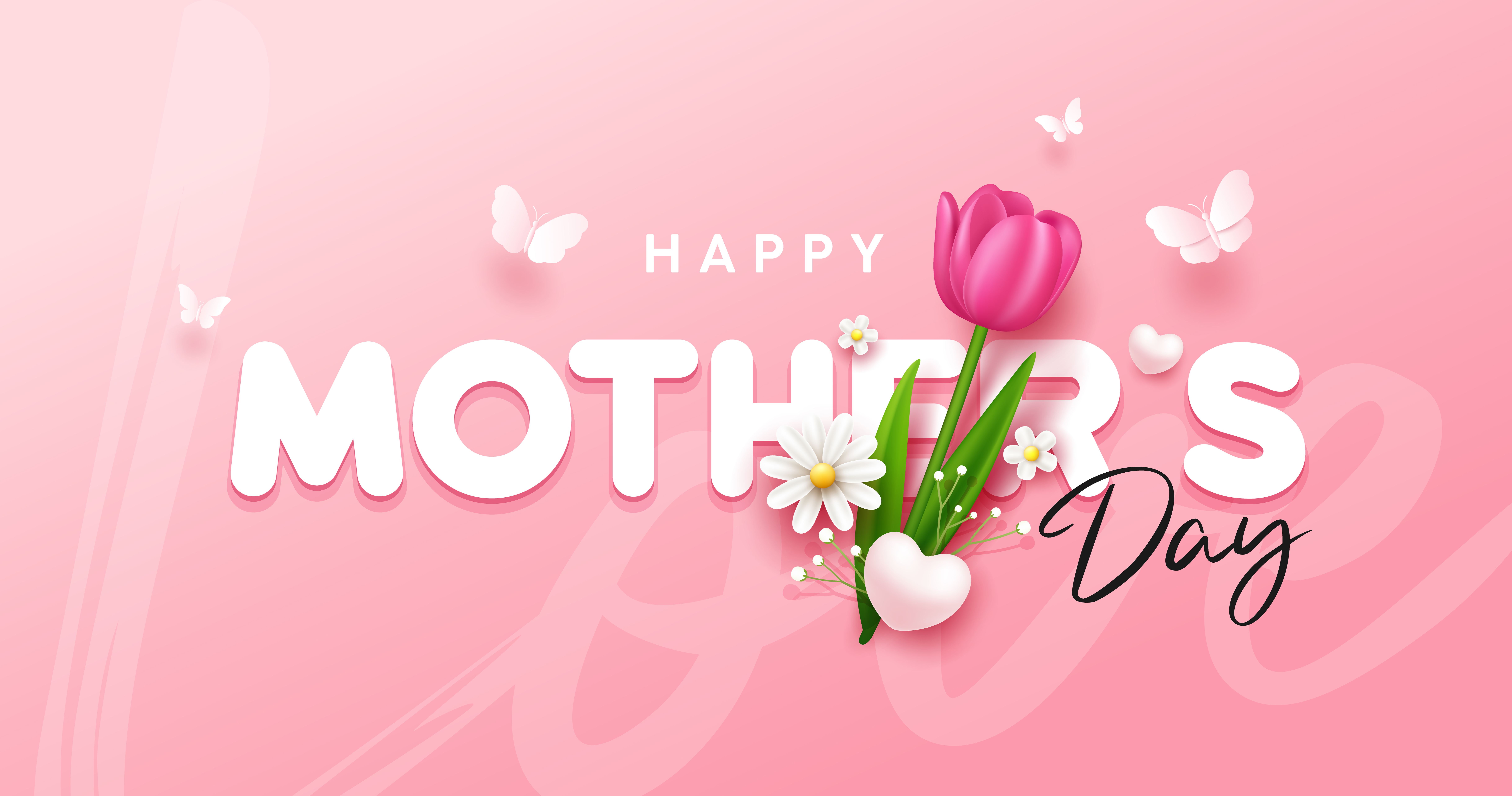 Happy Mother's day with tulip flowers and butterfly banner design on pink background, EPS10 Vector illustration.