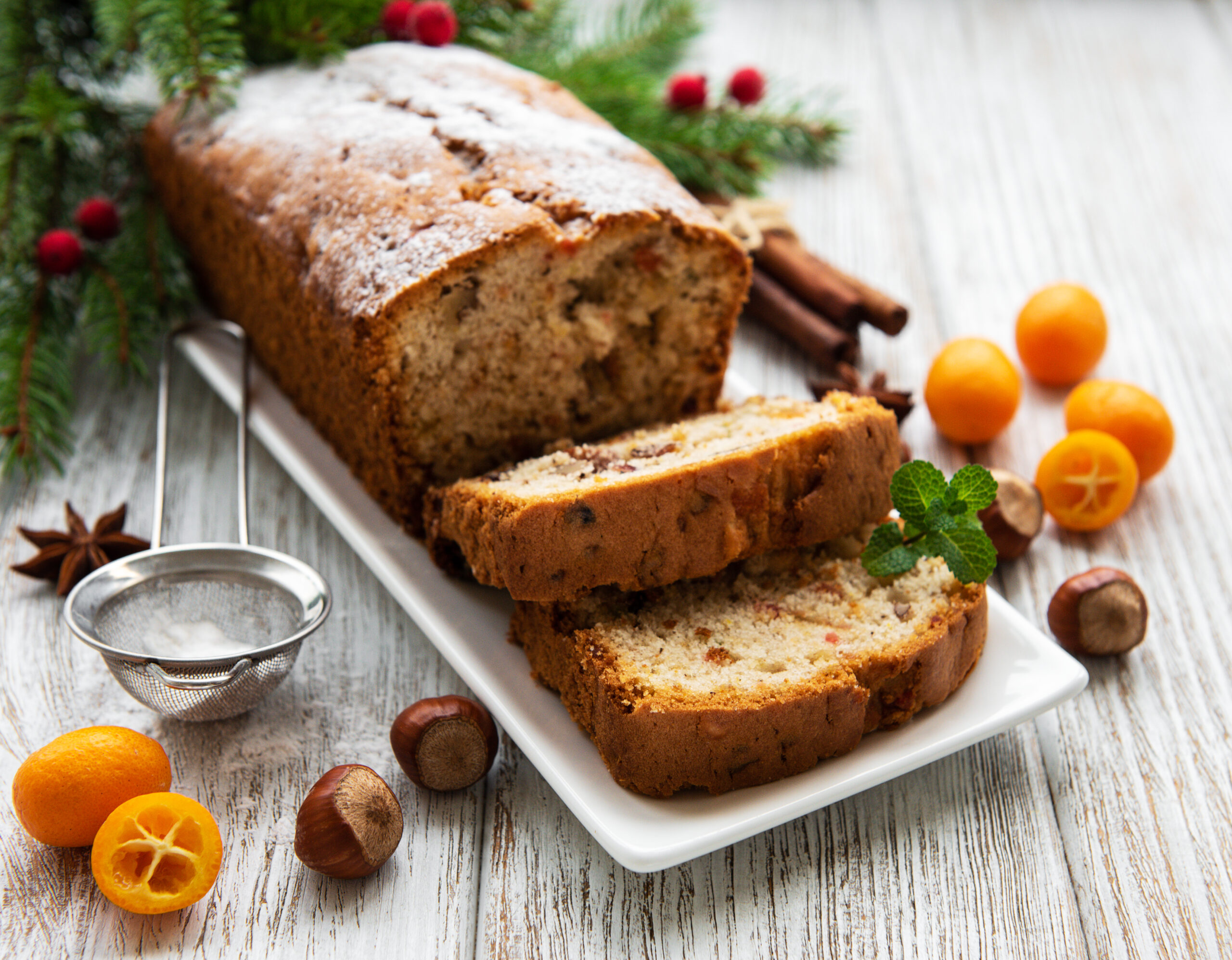 traditional homemade stollen with dried fruits and nuts