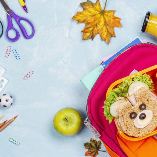 School backpack and kids lunch box with funny bear sandwich and boiled egg bee, apple, orange juice. Back to school background. Copy space